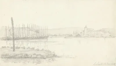 Gezicht over het water op een dorpskerkje Lalent-St.Ives