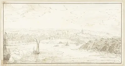 Gezicht over het water op een ommuurde stad