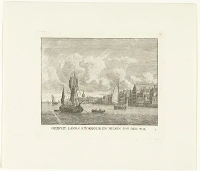 Gezicht over Merwede langs kade met huizen en Tol te Dordrecht