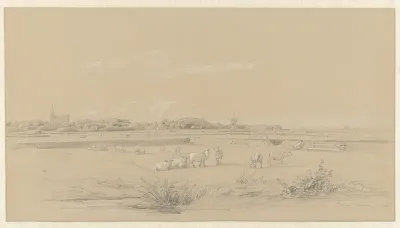 Gezicht over weilanden met schapen op Den Burg, Texel