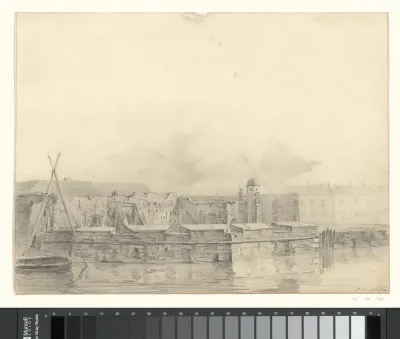 Gezicht te Antwerpen op fort Laurent en de overblijfselen van de boot van Van Speijk