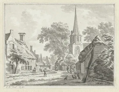 Gezicht te Gapinge, rechts de kerk