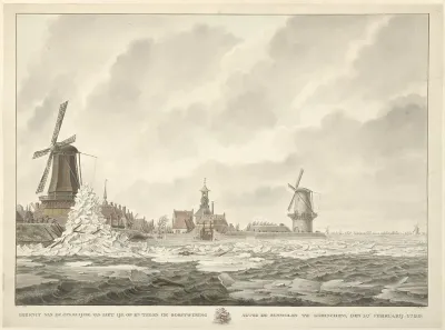Gezicht van de opkruijing van het ijs, op en tegen de borstwering agter de Runmolen te Gorinchem, den 20.n Februarij 1799
