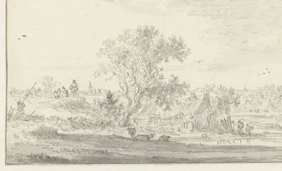 Gezicht van een dijk over landschap met boerenwoningen