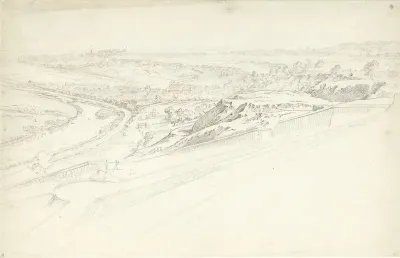 Gezicht van een hooggelegen terras over een landschap met bochtige rivier