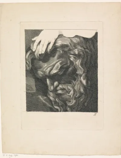 Gezicht van een man met baard en een hand