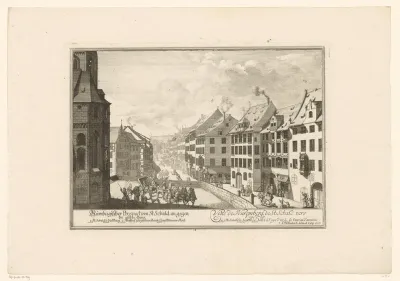 Gezicht vanaf de Heilige Sebalduskerk richting de Gouden Gans in Neurenberg