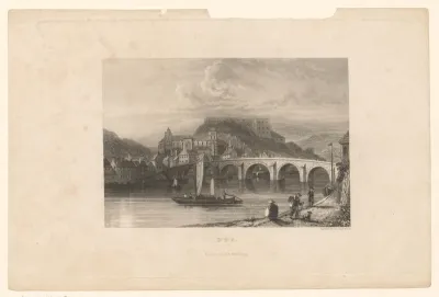 Gezicht vanaf de overkant van Maas op de brug en het Fort van Hoei