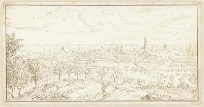 Gezicht vanaf een heuvel over een rij bomen op een stad