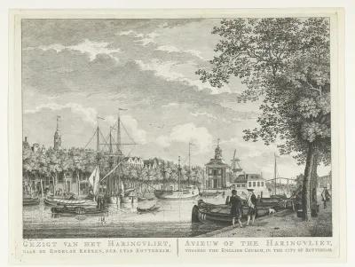 Gezicht vanaf het Haringvliet richting Engelse kerk te Rotterdam