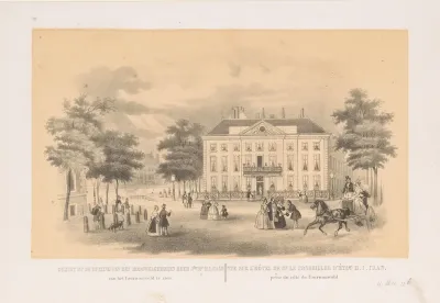 Gezicht vanaf het Tournooiveld op het Herenlogement van Dordrecht in Den Haag omstreeks 1850