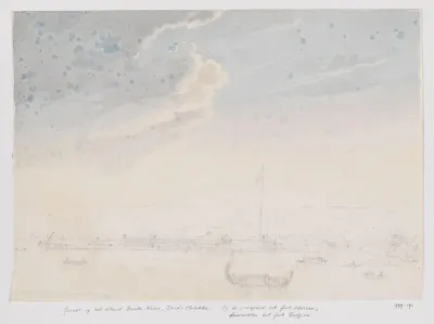 Gezicht vanuit de zee op het fort Nassau, Centraal-Molukken