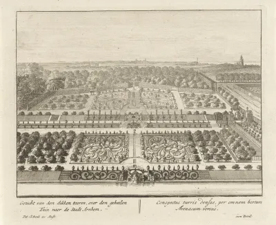 Gezicht vanuit vogelperspectief op de tuin van Kasteel Rosendael