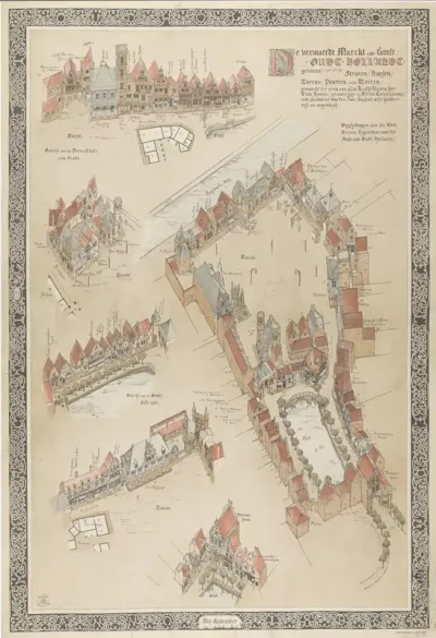 Gezichten in vogelvlucht op het nagebouwde dorp Oud Holland op de Wereldtentoonstelling voor Hotel- en Reiswezen 1895 te Amsterdam