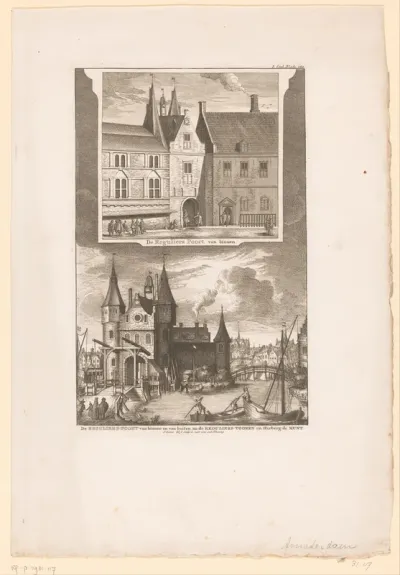 Gezichten op de buiten- en binnenzijde van de Regulierspoort in Amsterdam