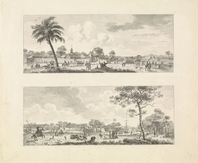 Gezichten op de Diestpoort en het kasteel in Batavia