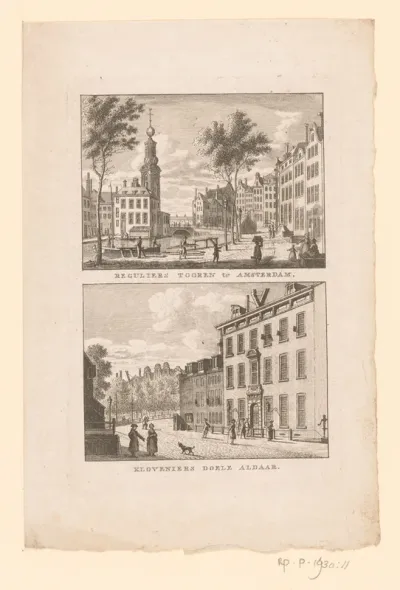 Gezichten op de Munttoren en Kloveniersdoelen te Amsterdam