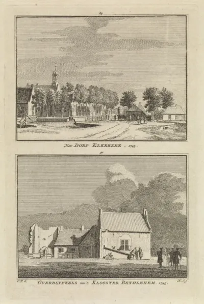 Gezichten op het dorp en de ruïne van het klooster Bethlehem, Elkerzee
