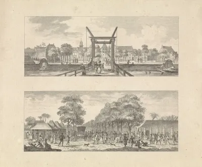 Gezichten op het gouvernementsgebouw en de markt van Batavia