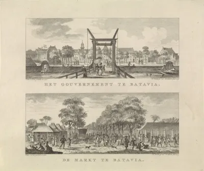 Gezichten op het gouvernementsgebouw en de markt van Batavia