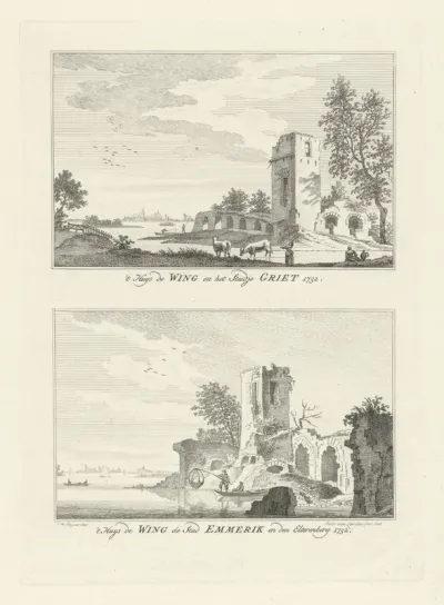 Gezichten op Huis de Wing en de steden Grieth en Emmerik, 1732