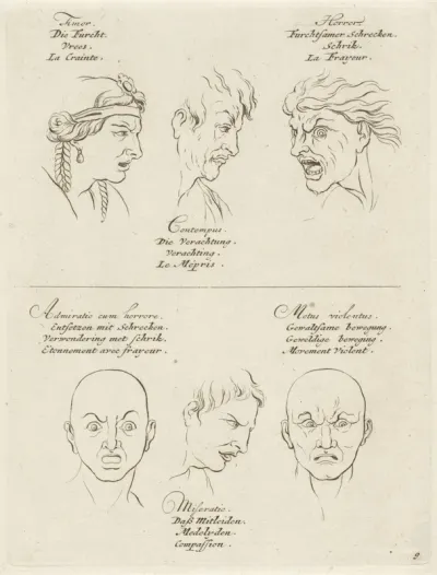 Gezichtsuitdrukkingen van vrees, verachting, schrik, verwondering, medelijden en geweldige beweging
