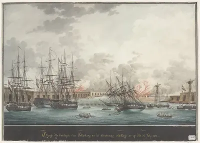 Gezigt der batterijen voor Palembang na der Verwinning smiddags - 12u. op den 24. July 1821