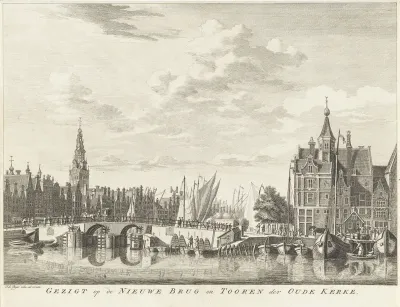 Gezigt op de Nieuwe Brug en tooren der Oude Kerke
