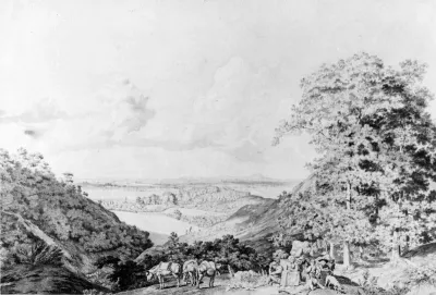 "Gezigt uit de Beekse Valeijen bij Nijmegen op Elten en Eltenberg", tekening met pen en penseel in grijs en aquarel door Hendrik Hoogers (1747-1814).