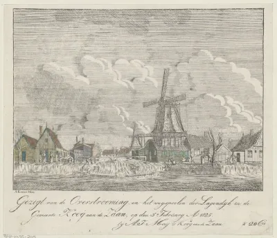 Gezigt van de overstrooming en het wegspoelen der Lagendijk in de / gemeente Koog aan de Zaan, op den 5 february A 1825