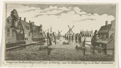 Gezigt van het Rustenburger-pad langs de Wetering, naar de Stadlander-brug en de Stad Amsterdam