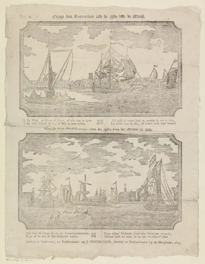 Gezigt van Rotterdam, aan de zijde van de Maas te zien / Gezigt van Delfshaven, aan de zijde van de Maas te zien