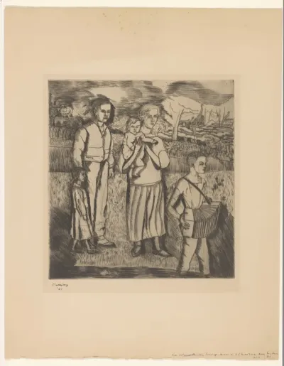 Gezin in een landschap met accordeon spelende jongen