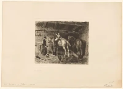 Gezin in een stal met twee paarden