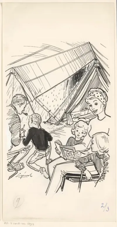 Gezin in een tent op een regenachtige dag