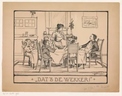 Gezin kijkt verschrikt op van het diner