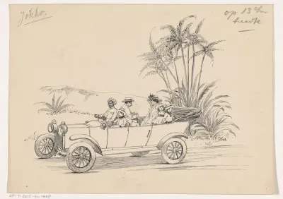 Gezin rijdt in een auto door een tropisch landschap