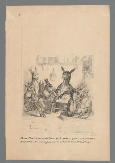 Gezin van ezels rondom een tafel
