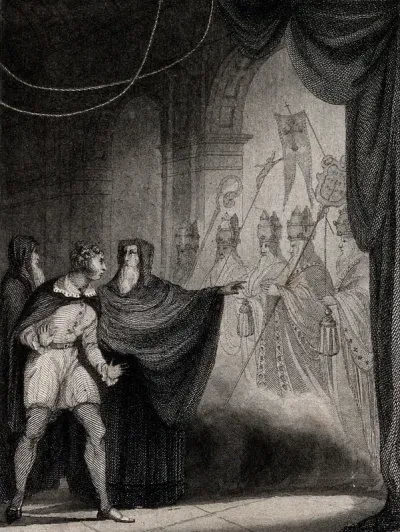 Ghosts of bishops appearing to a young man; their names are given to him by a wizard