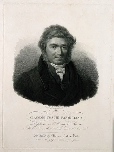 Giacomo Toschi. Line engraving by D. Delfini after himself