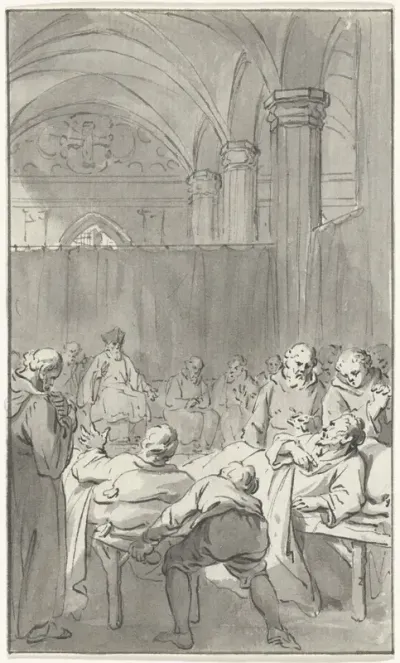 Gijsbrecht van Amstel en de Hertog van Gelre worden in het kapittel gebracht voor de verkiezing van een nieuwe bisschop, 1227