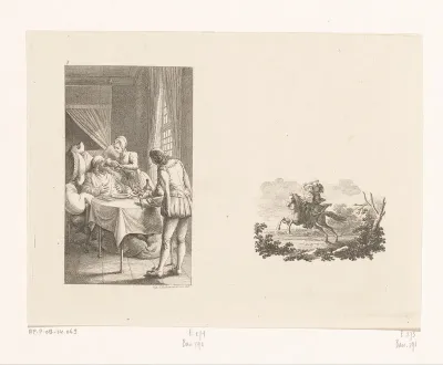 Gil Blas als bediende en vignet met Gil Blas te paard