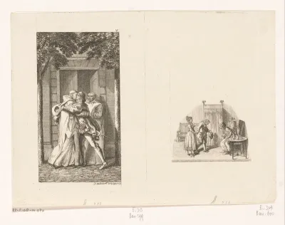 Gil Blas omhelst broeder Hilario en vignet met Antonie voorgesteld aan Gil Blas