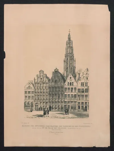 Gildehuizen op de Grote Markt, Antwerpen, met een zicht op de toren van de kathedraal