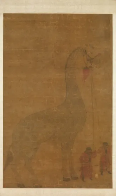 Giraffe with Two Keepers