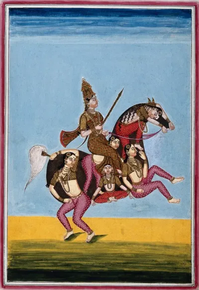 Girl acrobats forming the shape of a horse at the circus of Srīrangam
