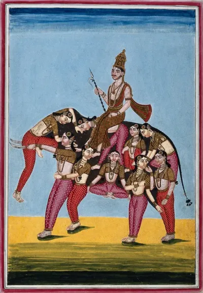 Girl acrobats forming the shape of an elephant at the circus of Srīrangam