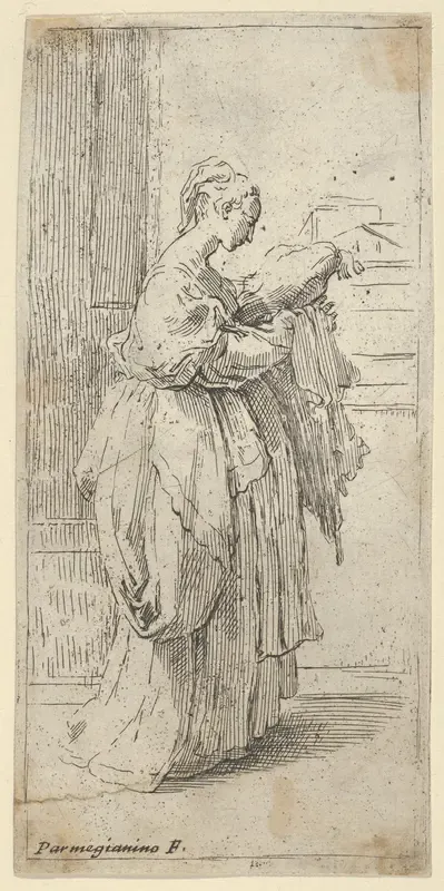 Girl carrying a cushion, seen in profile facing right