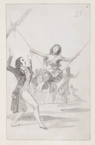 Girl on a swing, a man with his arms raised; folio 21 (recto) from the Madrid Album "B"