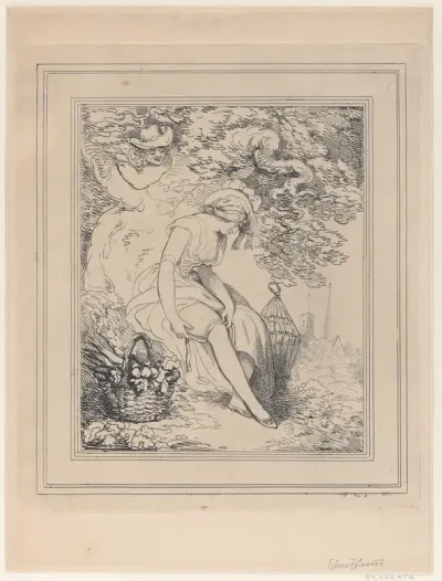 Girl with a Basket and Birdcage Adjusting Her Garter